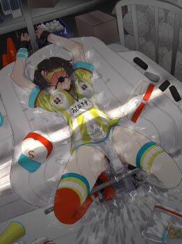 1girl arched_back ball_gag bdsm blindfold blush bondage bound cap drooling female_ejaculation female_focus female_masturbation female_orgasm forced_orgasm gag gym_shirt gym_uniform happa_freee hololive masturbation nipple_stimulation nippleless_clothes oozora_subaru orgasm panties playing_sports restrained separated_legs sex_toy shirt short_hair shorts solo thighhighs tomboy torn_clothes underwear vibrator vibrator_on_nipple vibrator_under_clothes vibrator_under_panties virtual_youtuber