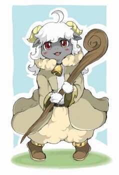 1girl ahoge bell belt black_belt blush breasts brown_shoes collar commentary_request furry furry_female goat_horns holding holding_staff horns long_hair looking_at_viewer messy_hair open_mouth original red_eyes robe sheep shoes small_breasts smile solo staff standing white_hair yata-nepia