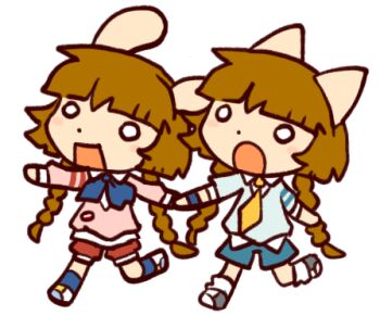 2girls ambiguous_species animal_ears bemani blue_ribbon blue_socks brown_hair cat_ears chibi flat_color furry furry_female glassesrabbit lowres mimi_(pop&#039;n_music) multiple_girls necktie nyami_(pop&#039;n_music) pop&#039;n_music pop&#039;n_music_lapistoria rabbit_ears ribbon school_uniform short_twintails socks twintails white_socks yellow_necktie