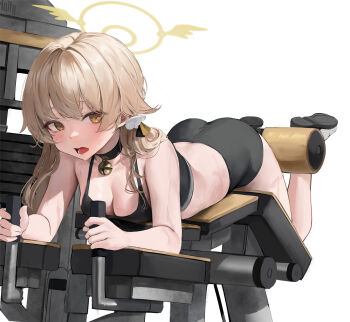 1girl absurdres alternate_costume ass bare_arms bare_shoulders bell bike_shorts black_choker black_footwear black_shorts black_sports_bra blonde_hair blue_archive breasts choker cleavage exercise_machine gym hair_ornament halo hifumi_(blue_archive) highres leviathan_(hikinito0902) looking_at_viewer low_twintails lying medium_breasts midriff neck_bell on_stomach open_mouth shorts simple_background solo sports_bra twintails white_background wing_hair_ornament winged_halo yellow_eyes yellow_halo
