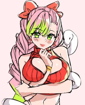 1girl arm_between_breasts arm_under_breasts bare_shoulders between_breasts blush bow bracelet braid breast_cutout breasts closed_mouth commentary cropped_sweater earrings english_commentary enma_(enmanuelart) eyelashes green_eyes green_hair hair_between_eyes hair_bow hand_on_own_chin heart heart_earrings highres jewelry kanroji_mitsuri kimetsu_no_yaiba large_breasts lips long_hair looking_at_viewer mark_under_both_eyes midriff multicolored_hair navel pink_background pink_hair red_bow red_lips red_sweater simple_background sketch sleeveless sleeveless_sweater smile snake snake_wrapped_around_arm solo sweater twin_braids two-tone_hair upper_body white_snake