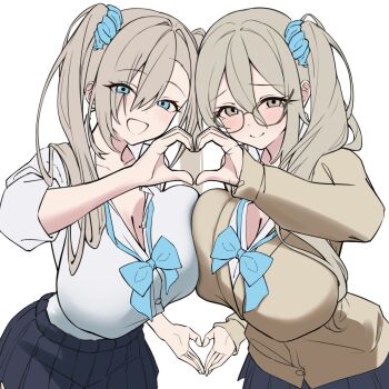 Rule 34 | 2girls, akane (blue archive), akane (school uniform) (blue archive), alternate hairstyle, asuna (blue archive), asuna (school uniform) (blue archive), blonde hair, blue archive, blue eyes, blue halo, bow, bowtie, breasts, brown cardigan, brown eyes, brown hair, button gap, cardigan, choker, commentary request, glasses, hair between eyes, hair over one eye, halo, highres, huge breasts, long hair, looking at viewer, loose bowtie, multiple girls, official alternate costume, ribbon, sayu mypace, school uniform, shirt, skirt, sleeves rolled up, smile, twintails, white shirt