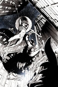 2boys animal_print animal_skull baton_(weapon) bird_skull bodysuit cape checkered_cloak city_lights cityscape comic_cover commentary cowl crescent_ornament dynamic_pose english_commentary formal_clothes gargoyle gloves glowing glowing_eyes greyscale highres holding_baton hood hood_up hooded_cape living_clothes male_focus marvel mask monochrome moon_knight multicolored_bodysuit multiple_boys new_york_city night official_art peter_parker print_bodysuit silk skyline spandex spider-man spider-man_(series) spider_print spider_web spider_web_print suit superhero_costume symbiote textless_version two-tone_bodysuit valerio_giangiordano weapon western_comics_(style)