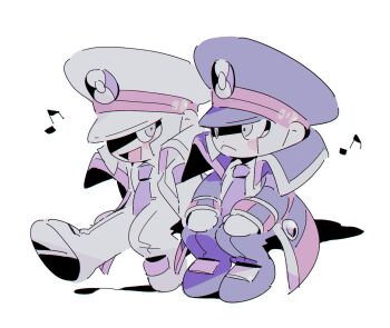 Rule 34 | 2boys, black coat, black hat, black pants, brothers, coat, commentary request, dot nose, emmet (pokemon), frown, full body, grey eyes, grey hair, hat, highres, ingo (pokemon), kari (user grrs8577), looking at another, male focus, multiple boys, musical note, necktie, nintendo, open mouth, outstretched leg, pants, pokemon, pokemon bw, shirt, short hair, siblings, sitting, twins, white coat, white hat, white pants, white shirt