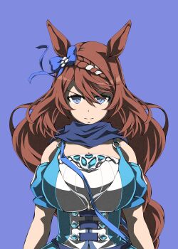 1girl animal_ears bag between_breasts blue_bag blue_dress blue_eyes blue_scarf bow braid braided_ponytail breasts brown_hair closed_mouth dress ear_bow hair_between_eyes highres horse_ears horse_girl large_breasts long_hair looking_at_viewer multicolored_hair scarf simple_background solo strap_between_breasts streaked_hair super_creek_(murmuring_stream)_(umamusume) super_creek_(umamusume) umamusume very_long_hair white_hair zukki_(bijitaru)