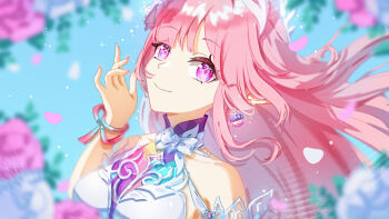 Rule 34 | 1girl, bare shoulders, blurry, blurry background, breasts, commentary, cyrene (honkai: star rail), cyrene (ripples of past reverie) (honkai: star rail), diamond-shaped pupils, diamond (shape), dress, earrings, falling petals, highres, honkai: star rail, honkai (series), jewelry, large breasts, long hair, looking at viewer, mouna shine, petals, pink hair, pink petals, pointy ears, purple eyes, smile, solo, symbol-shaped pupils, upper body, very long hair, white dress