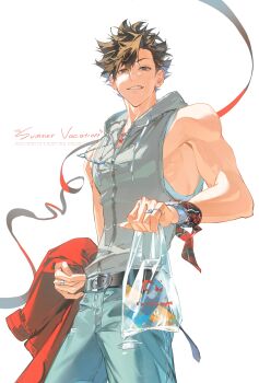 Rule 34 | 1boy, absurdres, bag, baozaohuang, bare shoulders, belt, black belt, black hair, bracelet, brown eyes, chinese commentary, commentary request, denim, drawstring, english text, full-length zipper, grey hoodie, haikyuu!!, highres, holding, holding bag, holding unworn clothes, hood, hood down, hooded jacket, hoodie, jacket, jeans, jewelry, kuroo tetsurou, looking at viewer, male focus, necklace, pants, partially unzipped, pectorals, plastic bag, short hair, sidepec, simple background, sleeveless, sleeveless jacket, smile, solo, toned, toned male, white background, zipper, zipper pull tab