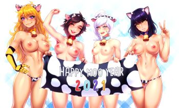 4girls animal_ears animal_print arm_up bell bikini black_hair blake_belladonna blonde_hair blue_eyes blush braid braided_ponytail breasts chinese_zodiac closed_eyes collar collarbone cow_ears cow_horns cow_print cowbell fake_animal_ears fake_horns gradient_hair hairband highres holding holding_sign horns large_breasts long_hair looking_at_viewer medium_breasts multicolored_hair multiple_girls navel neck_bell nipples open_mouth phloxberry ponytail prosthesis prosthetic_arm purple_eyes red_hair ruby_rose rwby scar scar_across_eye scar_on_face short_hair sign smile stomach swimsuit thighs toned topless_female weiss_schnee white_hair yang_xiao_long year_of_the_ox yellow_eyes
