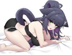 Rule 34 | 1girl, animal ears, arknights, ass, bare legs, barefoot, black hair, black shorts, black tank top, breasts, cat ears, cat tail, commentary, crop top, green eyes, highres, jessica (arknights), k0ng, large breasts, long hair, looking at viewer, midriff, multicolored hair, open mouth, purple hair, short shorts, shorts, solo, tail, tank top, thighs