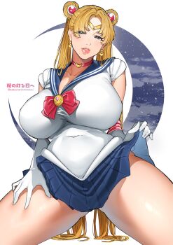 1girl bishoujo_senshi_sailor_moon blonde_hair blue_eyes blue_sailor_collar bow breasts choker circlet clothes_lift crescent crescent_earrings double_bun earrings elbow_gloves gloves gluteal_fold hair_bun hair_ornament heart highres huge_breasts jewelry lips long_hair parted_bangs red_bow red_choker sailor_collar sailor_moon sailor_senshi_uniform sakura_no_tomoru_hi_e simple_background skirt skirt_lift solo thick_thighs thighs transformation_brooch_(sailor_moon) tsukino_usagi twintails very_long_hair white_background white_gloves