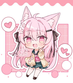 1girl :d ahoge animal_ear_fluff animal_ears black_ribbon blush border brown_shoes cardigan chibi chibi_only commentary commission flower fox_ears fox_girl fox_shadow_puppet full_body green_sailor_collar green_skirt grid_background hair_between_eyes hair_flower hair_ornament hair_ribbon hand_up heart long_hair long_sleeves looking_at_viewer neckerchief open_cardigan open_clothes open_mouth original outline outside_border pink_background pink_eyes pink_hair pink_neckerchief pleated_skirt ribbon ringouulu sailor_collar school_uniform serafuku shirt shoes sidelocks skeb_commission skirt smile solo spoken_heart standing thighhighs twitter_username white_border white_outline white_shirt white_thighhighs yellow_cardigan zettai_ryouiki