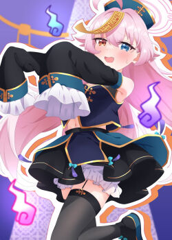 1girl ahoge alternate_costume bare_shoulders black_thighhighs bloomers blue_archive blue_eyes blush commentary_request detached_sleeves fang floating_hair frilled_sleeves frills garter_straps hair_between_eyes hair_intakes halloween halloween_costume halo hat heterochromia highres hoshino_(blue_archive) jiangshi_costume loli long_hair looking_at_viewer navel ofuda ofuda_on_head open_mouth orange_eyes outline outstretched_arms pink_hair pink_halo purple_background qingdai_guanmao simple_background sleeves_past_fingers sleeves_past_wrists solo standing standing_on_one_leg sweatdrop thighhighs u9ffo underwear very_long_hair white_bloomers white_outline wide_sleeves zombie_pose