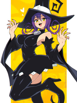 Rule 34 | 1girl, artist name, bare shoulders, blair (soul eater), breasts, cowboy shot, detached sleeves, dress, fangs, fingernails, hair between eyes, hat, heart, large breasts, leg up, long hair, looking at viewer, open hands, open mouth, purple hair, qewie, sharp fingernails, smile, solo, soul eater, thighhighs, watermark, wide sleeves, witch, witch hat, yellow eyes