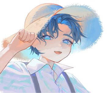 1boy 5ayonarancha adjusting_clothes adjusting_headwear blue_eyes blue_hair collared_shirt commentary hand_on_headwear hat highres jojo_no_kimyou_na_bouken jonathan_joestar male_focus open_mouth phantom_blood portrait shirt short_hair smile solo straw_hat sun_hat suspenders symbol-only_commentary