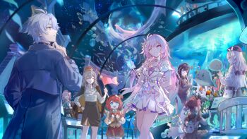 1boy 6+girls ;o absurdres aqua_hair aquarium bag beret black_coat black_hair black_skirt blue_eyes breasts camera castorice_(alternate_spacetime)_(honkai:_star_rail) castorice_(honkai:_star_rail) cleavage coat coat_on_shoulders commentary csyday cyrene_(honkai:_star_rail) cyrene_(ripples_of_past_reverie)_(honkai:_star_rail) dress english_commentary grey_hair handbag hat highres holding holding_camera honkai:_star_rail honkai_(series) hyacine_(honkai:_star_rail) hysilens_(honkai:_star_rail) little_ica_(honkai:_star_rail) long_hair march_7th_(honkai:_star_rail) medium_breasts medium_hair multicolored_hair multiple_girls one_eye_closed pegasus phainon_(honkai:_star_rail) phainon_(luckin_coffee)_(honkai:_star_rail) pink_hair pointy_ears purple_eyes purple_hair red_dress red_hair second-party_source skirt smile squatting stelle_(honkai:_star_rail) thighs trailblazer_(honkai:_star_rail) tribbie_(honkai:_star_rail) two-tone_hair very_long_hair waving_flag white_dress white_hair