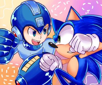 2boys arm_cannon blue_eyes capcom crossover gloves grin looking_at_another mega_man_(character) mega_man_(classic) mega_man_(series) multiple_boys sega smile sonic_(series) sonic_racing:_crossworlds sonic_the_hedgehog weapon