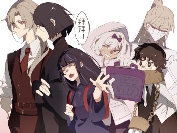 Rule 34 | 2boys, 4girls, albina (project moon), araya (project moon), bag, belt, black eyes, black hair, bow, chain, chinese commentary, chinese text, closed eyes, collar, commentary request, cuffs, cuffs-to-collar, facing viewer, gloves, grey hair, grin, hair bow, highres, holding, hood, hood up, kira (project moon), limbus company, looking at viewer, lucio (project moon), multicolored hair, multiple boys, multiple girls, necktie, one eye closed, open mouth, ponytail, project moon, purple bow, red bag, red necktie, red vest, ren (project moon), rheans, school bag, smile, sora (project moon), streaked hair, translation request, vest, white gloves