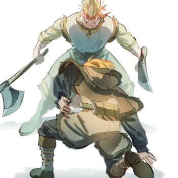 2boys axe be8bx black_pants black_shirt blonde_hair boots brown_capelet brown_coat brown_headband capelet coat dual_wielding fur-trimmed_capelet fur-trimmed_coat fur_boots fur_trim headband holding holding_axe male_focus multiple_boys on_one_knee pants shirt sketch smile thorfinn thorkell vinland_saga weapon weapon_on_back white_background white_eyes