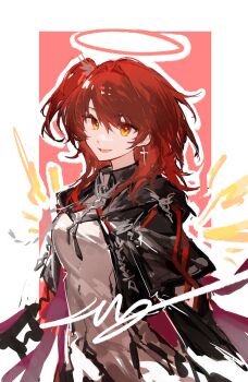 1girl absurdres arknights black_jacket breasts cross cross_earrings detached_wings earrings exusiai_(arknights) exusiai_the_new_covenant_(arknights) halo highres jacket jewelry looking_at_viewer luan_teng medium_breasts medium_hair one_side_up open_mouth red_hair shirt smile solo traditional_halo upper_body white_shirt wings yellow_eyes