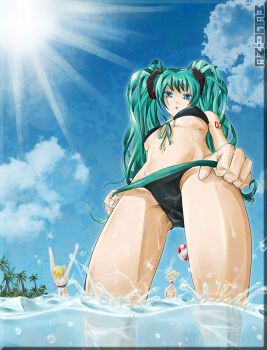 1girl aqua_eyes aqua_hair ball beach beachball bikini bikini_pull black_bikini blue_sky breasts cleavage clothes_pull day front-tie_bikini_top front-tie_top groin hair_ornament half-closed_eyes hatsune_miku large_breasts long_hair looking_at_viewer looking_down mega-ne navel number_tattoo ocean open_mouth palm_tree panties panty_pull pulling_own_clothes shore sky sun sunlight swimsuit tattoo thighs tree twintails underboob underwear vocaloid water wide-eyed