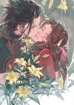 1boy 1girl aerith_gainsborough black_hair braid braided_ponytail brown_gloves brown_hair bruise bruise_on_face closed_eyes closed_mouth commentary_request couple dirty dirty_face earrings final_fantasy final_fantasy_vii final_fantasy_vii_rebirth final_fantasy_vii_remake flower gloves hair_ribbon hetero highres injury jacket jewelry kiss kissing_cheek lily_(flower) long_hair parted_bangs pink_ribbon rain red_jacket ribbon sleeveless sleeveless_turtleneck spiked_hair ss_xixi stud_earrings suspenders sweater turtleneck turtleneck_sweater upper_body yellow_flower zack_fair