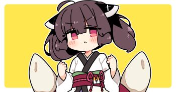 Rule 34 | 1girl, :<, ahoge, blunt bangs, blush, border, brown hair, closed mouth, hair between eyes, hands up, headgear, ini (inunabe00), japanese clothes, kimono, kiritanpo (food), long sleeves, looking at viewer, obi, outline, outside border, red eyes, red sash, sash, short hair, simple background, solo, touhoku kiritan, upper body, v-shaped eyebrows, voiceroid, white border, white kimono, white outline, wide sleeves, yellow background
