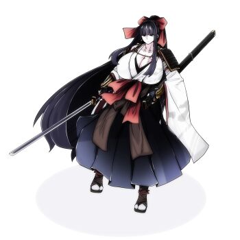 1girl absurdres black_eyes black_hair black_hakama bow breasts chokutou commentary_request gigantic_breasts hair_bow hakama hakama_skirt highres holding holding_sword holding_weapon japanese_clothes kimono korean_commentary lazy_ant long_hair original red_bow sandals scabbard sheath single_sode skirt solo sword tabi unsheathed very_long_hair weapon white_kimono wide_sleeves zouri