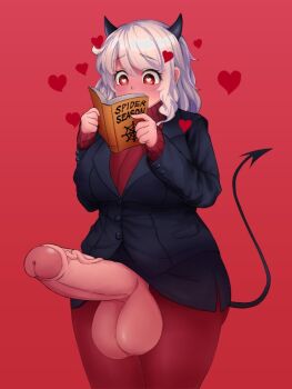 1futa black_dress blush breasts clothes_lift demon demon_girl demon_horns developing_erection dress erection foreskin futanari half-erect heart heart-shaped_pupils helltaker horns huge_penis large_breasts large_testicles minishell modeus_(helltaker) penis red_eyes skirt skirt_lift solo symbol-shaped_pupils testicles uncensored veins veiny_penis white_hair