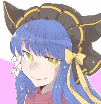 Rule 34 | 1girl, arch bishop (ragnarok online), blue hair, bow, braid, bright pupils, closed mouth, commentary request, flower, hair flower, hair ornament, headdress, iyofika, long hair, looking at viewer, pink background, portrait, purple scarf, ragnarok online, scarf, side braid, single braid, smile, solo, two-tone background, white background, white flower, white pupils, yellow bow, yellow eyes