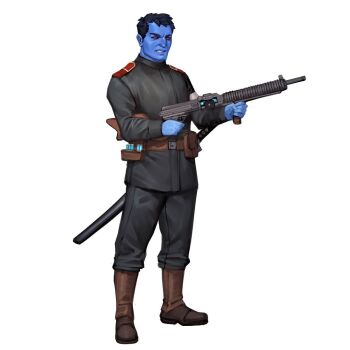 1boy alien black_hair black_jacket black_pants blue_skin boots brown_boots chiss colored_skin gun holding holding_gun holding_weapon jacket pants red_eyes short_hair simple_background solo star_wars weapon white_background will_nunes