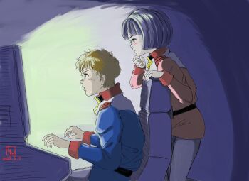 1boy 1girl absurdres amuro_ray bc_freedom_military_uniform blue_hair blush_stickers brown_hair commentary_request computer crossover dated derabettshin earth_federation from_side gundam gundam_gquuuuuux highres leaning_on_object mobile_suit_gundam monitor scarf shiiko_sugai short_hair signature