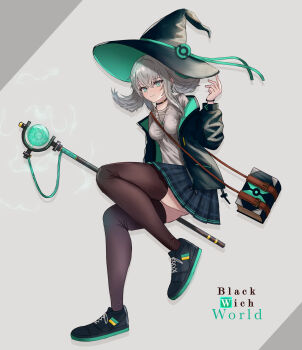 Rule 34 | 1girl, absurdres, black thighhighs, book, breasts, commentary request, cranes (hiroro1), green eyes, grey hair, hat, highres, jacket, long hair, original, ribbon, shoes, skirt, smile, staff, thighhighs, witch, witch hat