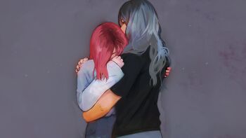 2girls angela_he cowboy_shot grey_hair hand_on_another's_back hand_on_another's_shoulder hands_on_another's_shoulder highres hug missed_messages multiple_girls non-web_source official_art pink_hair short_hair smile sweater white_sweater yuri