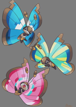 absurdres bug butterfly commentary_request flying full_body gen_6_pokemon grey_background highres insect nintendo no_humans open_mouth ouran pokemon pokemon_(creature) signature simple_background smile vivillon vivillon_(marine) vivillon_(meadow) vivillon_(savanna)