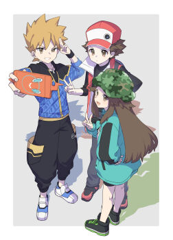 1girl 2boys 88_(einnimnech) :d absurdres black_pants black_shirt black_shoes blue_jacket blue_oak blue_oak_(sygna_suit) brown_eyes brown_hair commentary_request gen_4_pokemon green_hat green_jacket grin hair_flaps hat highres holding holding_phone jacket kneepits leaf_(pokemon) leaf_(sygna_suit)_(pokemon) long_hair long_sleeves multiple_boys nintendo official_alternate_costume open_mouth pants phone pokemon pokemon_masters_ex red_(pokemon) red_(sygna_suit)_(pokemon) red_hat rotom rotom_phone salute shirt shoes short_hair sidelocks smile spiked_hair standing taking_picture teeth two-finger_salute v white_shoes wristband