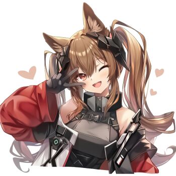 Rule 34 | 09cch29, 1girl, angelina (arknights), animal ear fluff, animal ears, arknights, arknights: endfield, bare shoulders, black gloves, breasts, coat, commentary request, cropped torso, dress, fox ears, fox girl, gilberta (arknights), gloves, grey dress, hair between eyes, headpiece, heart, high collar, one eye closed, open clothes, open coat, open mouth, red coat, simple background, smile, solo, teeth, twintails, upper teeth only, v, white background