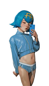 1girl absurdres alternate_costume blue_hair blue_jacket blue_shorts cameltoe cellphone commentary cowboy_shot cropped_jacket diathorn female_focus fingernails hairband half-closed_eyes hand_up highres holding holding_phone jacket lana_(pokemon) lips loli long_sleeves navel navel_piercing nintendo nose parted_lips phone piercing pokemon pokemon_sm realistic short_hair short_shorts shorts side_slit side_slit_shorts simple_background solo sportswear standing sweat tassel white_background yellow_hairband zipper