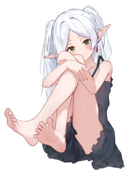 Rule 34 | 1girl, absurdres, bare arms, bare legs, bare shoulders, barefoot, black dress, blush, chinese commentary, closed mouth, collarbone, commentary request, dress, earrings, elf, feet, frieren, full body, green eyes, highres, jewelry, legs, long hair, looking at viewer, parted bangs, pointy ears, short eyebrows, simple background, sitting, sleeveless, sleeveless dress, smile, soles, solo, sousou no frieren, teardrop earrings, toes, traum, twintails, white background, white hair