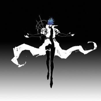 1boy age_progression aidonotknow blending blue_hair coat fingerless_gloves floating floating_hair gloves gradient_background gradient_hair hair_floating_upwards high_contrast highres legato_bluesummers levitation light_particles limited_palette male_focus midair monochrome multicolored_hair no_eyes no_mouth outline outstretched_arms patterned_hair progression sequential short_hair shoulder_spikes solo spikes spread_arms trigun very_long_coat white_coat white_outline