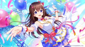 Rule 34 | 1girl, :d, absurdres, armpits, balloon, blue eyes, blue skirt, blue sky, blue theme, breasts, brown hair, cloud, commentary request, concert, confetti, copyright name, corset, detached collar, dress, frilled skirt, frills, garter straps, hair flaps, hair ornament, headset, highres, hololive, hololive dreams, long hair, looking at viewer, medium breasts, miniskirt, official alternate costume, official alternate hairstyle, official art, open mouth, skirt, skirt under dress, sky, sleeveless, sleeveless dress, smile, solo, standing, star (symbol), star hair ornament, tokino sora, virtual youtuber, white background, white corset, wrist cuffs