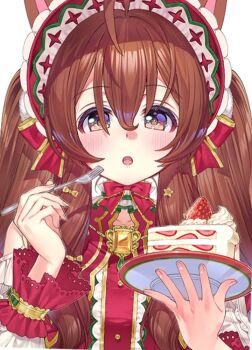 Rule 34 | 1girl, ahoge, animal ears, blush, bonnet, bow, brown eyes, brown hair, cake, cake slice, classic lolita, commentary, dress, food, fork, frilled bonnet, frills, fruit, hair between eyes, holding, holding fork, holding plate, horse ears, horse girl, lolita fashion, long hair, looking at viewer, mejiro bright (starry snow lolita) (umamusume), mejiro bright (umamusume), misomi miso, official alternate costume, official alternate hairstyle, open mouth, plate, puritan collar, red bonnet, red bow, red dress, red headdress, solo, strawberry, twintails, umamusume
