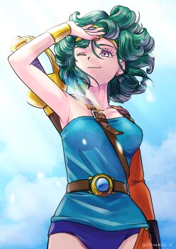 1girl aqua_shirt belt black_gloves blue_sky bracer breasts briefs character_ear_piercing circlet commentary_request cowboy_shot curly_hair dragon_quest dragon_quest_iv earrings gloves gold_bracer gold_circlet heroine_(dq4) highres jewelry looking_up male_underwear medium_breasts one_eye_closed orange_sleeves orange_thighhighs pekuchin_(pekuchin_3) purple_eyes shirt short_hair single_bracer single_glove single_sleeve single_thighhigh sky slime_(dragon_quest) solo strapless strapless_shirt sword sword_on_back thighhighs underwear weapon weapon_on_back