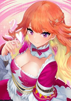 1girl alternate_costume breasts cleavage colored_inner_hair commentary earrings english_commentary feather_earrings feathers flower frills ghosttbyun hair_flower hair_ornament heart heart_in_eye highres hololive hololive_english jewelry large_breasts long_hair looking_at_viewer multicolored_hair orange_hair purple_eyes smile solo symbol_in_eye takanashi_kiara virtual_youtuber