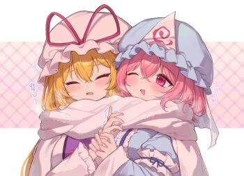 2girls ;d absurdres blonde_hair blue_hat blue_kimono blush closed_eyes coat cold commentary doll double-parted_bangs dress frilled_kimono frills fumo_(doll) hair_between_eyes hand_grab hat hat_ribbon heart highres holding_hands japanese_clothes kimono long_hair long_sleeves medium_hair mob_cap multiple_girls one_eye_closed open_mouth photo-referenced pink_eyes pink_hair pink_nails purple_eyes purple_nails purple_tabard qiu_ju red_ribbon ribbon saigyouji_yuyuko scarf shared_clothes shared_scarf short_hair simple_background sleeve_garter smile tabard touhou translation_request trembling triangular_headpiece upper_body wavy_mouth white_background white_dress white_hat white_scarf yakumo_yukari yuri