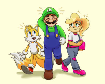 +++ 1girl 2boys :d absurdres activision arm_behind_head artist_request blonde_hair blue_eyes blush brown_hair coco_bandicoot computer crash_bandicoot_(series) crossover facial_hair flying_sweatdrops fox gloves green_eyes hairband hat highres laptop looking_at_another luigi mario_(series) multiple_boys multiple_tails mustache nintendo open_mouth orange_fur overalls sega shirt shoes simple_background smile socks sonic_(series) tail tails_(sonic) two_tails walking yellow_background yellow_fur