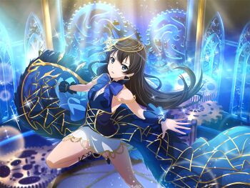 Rule 34 | 1girl, black hair, blue bow, blue bowtie, blue dress, blue eyes, bow, bowtie, dress, floating hair, game cg, gears, hair between eyes, headpiece, kagura hikari, leg up, long hair, looking at viewer, official art, outstretched arms, parted lips, ribbon, shoujo kageki revue starlight, shoujo kageki revue starlight -re live-, sleeveless, sleeveless dress, solo, tarot, the tower (tarot), upper body, v-shaped eyebrows, wrist ribbon
