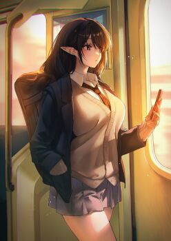 1girl bag black_hair black_jacket blush cellphone commentary_request elf feet_out_of_frame grey_shirt highres holding holding_phone indoors jacket long_hair necktie original phone pointy_ears red_necktie school_bag shirt sino42 skirt solo standing sunset sweater_vest train train_interior white_shirt window