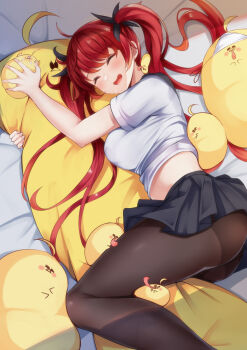 1girl ass azur_lane between_breasts between_legs black_ribbon black_skirt blush breasts closed_eyes clothes_lift commentary_request facing_viewer from_above hair_between_eyes hair_ribbon hands_up happy highres honolulu_(azur_lane) honolulu_(umbrella_girl)_(azur_lane) hugging_object irohara knees_up large_breasts legs long_hair lying manjuu_(azur_lane) midriff miniskirt official_alternate_costume on_bed on_side open_mouth pantyhose pillow pillow_hug pleated_skirt red_hair revision ribbon sailor_collar school_uniform serafuku shirt shirt_lift skirt sleeping smile solo stuffed_toy thighs twintails upskirt very_long_hair white_shirt