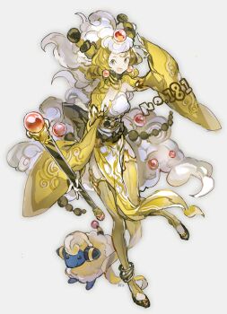 1girl :d ampharos anklet blonde_hair commentary_request gen_2_pokemon grey_background grey_eyes holding jewelry kantarou_(8kan) mareep nintendo open_mouth orb personification pokedex_number pokemon simple_background smile standing standing_on_one_leg thighs white_fur wide_sleeves