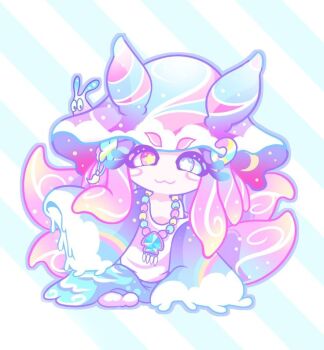 1girl :3 animal_feet bad_id bad_pixiv_id berryverrine blue_background blue_eyes blue_flower blue_outline blue_skirt blue_sleeves blush_stickers bright_pupils character_request closed_mouth crescent crescent_hair_ornament detached_sleeves flower full_body hair_flower hair_ornament hairclip heterochromia jewelry long_hair long_sleeves looking_at_viewer mismatched_pupils monster_girl necklace nintendo outline pastel_colors pink_eyes pink_hair rabbit rainbow_print sidelocks skirt sleeves_past_fingers sleeves_past_wrists smile solo splatoon_(series) squid star-shaped_pupils star_(symbol) strap_slip striped_background symbol-shaped_pupils tank_top tentacle_hair two-tone_background very_long_hair white_background white_pupils white_tank_top yellow_pupils yume_kawaii